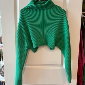 Green Turtleneck Ribbed Cropped Sweater